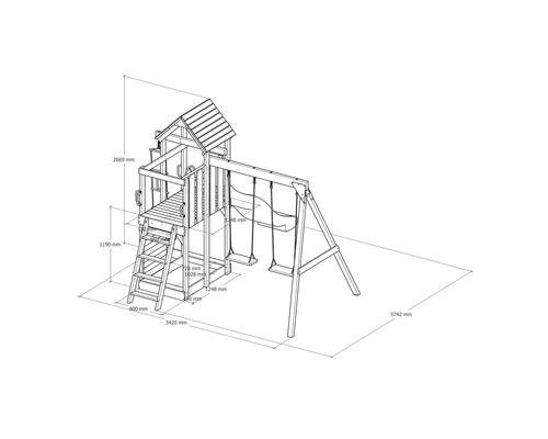 Technische Zeichnung eines Spielplatzes mit Schaukel und Spielhaus mit Größenangaben in Millimetern