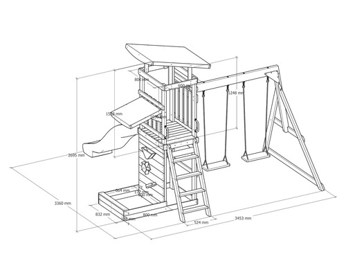 Abbildung eines Spielturms mit Rutsche, Schaukel und Sandkasten mit Maßangaben.