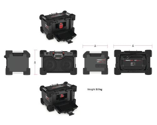 Ansichten des Perfectpro Bauradio Workstation 4 mit den Maßen 31, 35 und 47 Zentimeter sowie einem Gewicht von 9,1 Kilogramm.