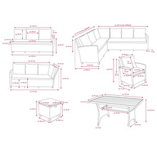 Maße eines Gartenmöbel Sets bestehend aus Sofa, Ecksofa, Sessel, Tisch und Hocker