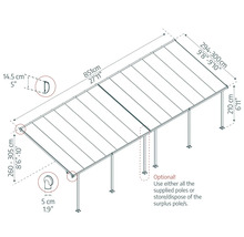 Abmessungen einer Terrassenüberdachung mit Angaben zu Länge, Breite und Höhe