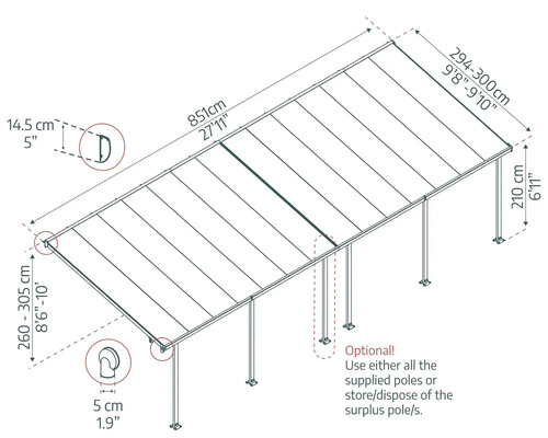 Abmessungen einer Terrassenüberdachung mit Angaben zu Länge, Breite und Höhe