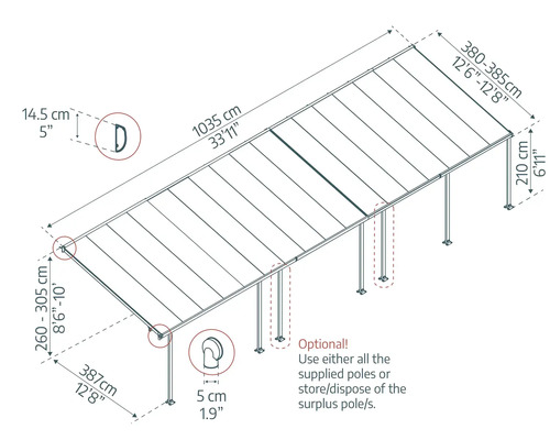 Technische Zeichnung eines Terrassendachs mit Maßangaben