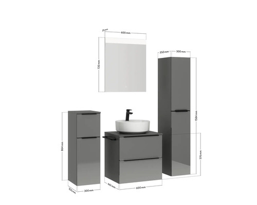 Badezimmerset mit Waschbecken, Unterschrank, Spiegelschrank und Hochschrank mit Maßangaben