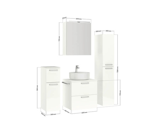 Badezimmer-Set mit Waschtisch, Waschbecken, Spiegelschrank und Hochschrank mit Maßangaben