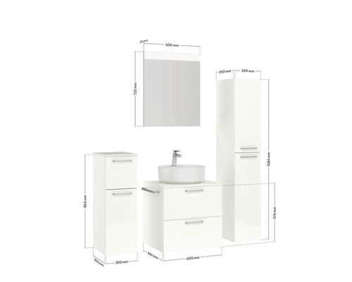 Badezimmer Set mit Waschtisch, Waschbecken, Spiegelschrank und Hochschränken mit Größenangaben