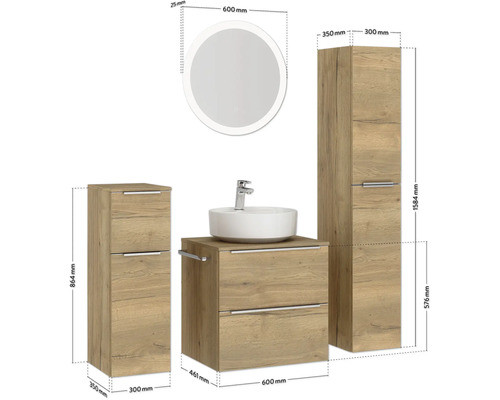Badezimmer Set mit Waschtisch, Aufsatzwaschbecken, Spiegelschrank und Seitenschrank mit Schubladen