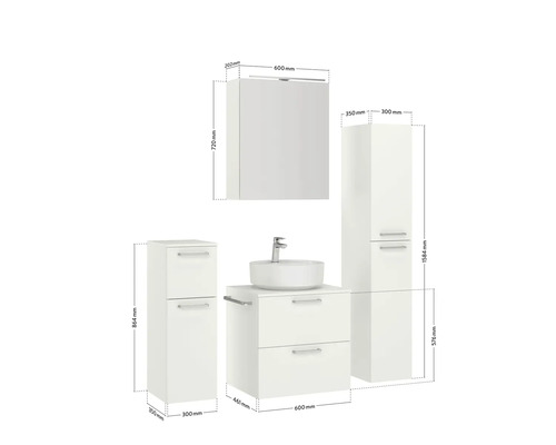 Badezimmer-Set mit Waschtisch, Aufsatzwaschbecken, Spiegelschrank und Hochschränken mit Maßangaben