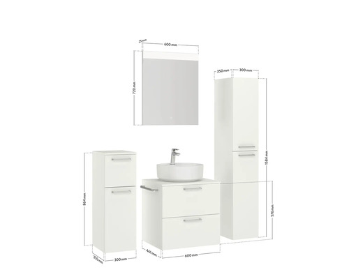 Badezimmermöbelset mit Waschbecken, Unterschrank, Spiegelschrank und Hochschrank mit Maßangaben