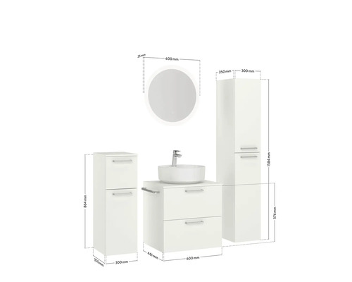 Abmessungen eines Badezimmersets mit Waschtisch, Aufsatzwaschbecken, Spiegelschrank und Hochschrank