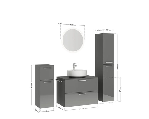 Badezimmer-Set mit Waschbecken, Spiegelschrank und Unterschrank mit Maßangaben