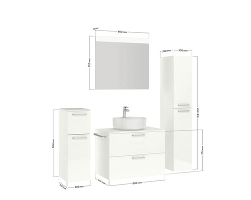 Badezimmermöbelset mit Waschtisch, Waschbecken, Spiegelschrank und Hochschrank, Maßangaben