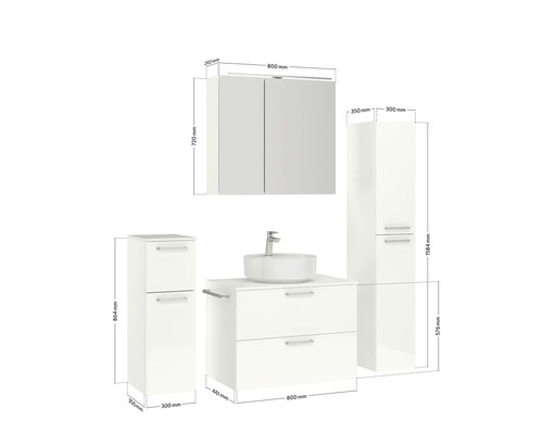 Badezimmermöbelset mit Waschtisch, Spiegelschrank und Hochschrank mit den jeweiligen Abmessungen