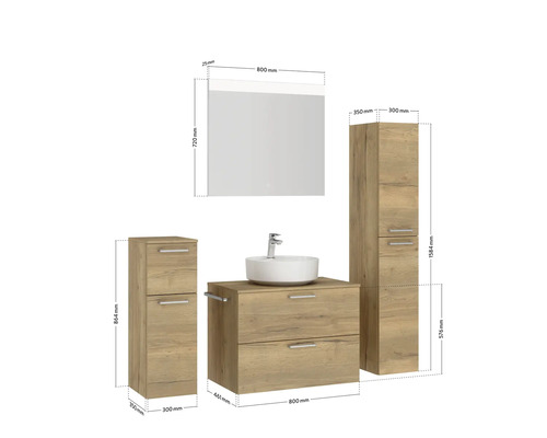 Badezimmerensemble mit Waschtischunterschrank, Waschbecken, Spiegelschrank und Hochschrank