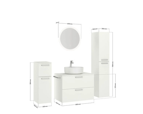 Badezimmerensemble mit Waschtischunterschrank, Aufsatzwaschbecken, Spiegelschrank und Hochschrank mit Maßangaben