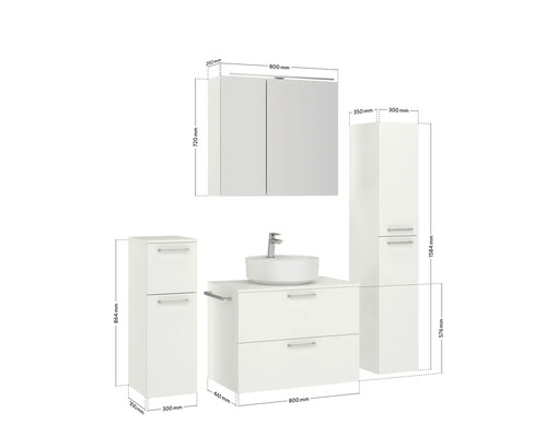 Badezimmer Set mit Waschtisch, Waschbecken, Spiegelschrank und Hochschränken mit Maßangaben