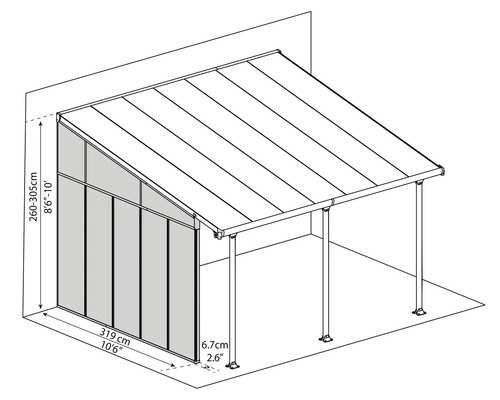 Technische Zeichnung einer Terrassenüberdachung mit Maßangaben