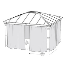 Illustration eines Pavillons mit Vorhängen und Maßangaben