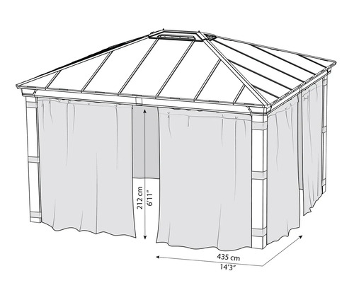 Illustration eines Pavillons mit Vorhängen und Maßangaben