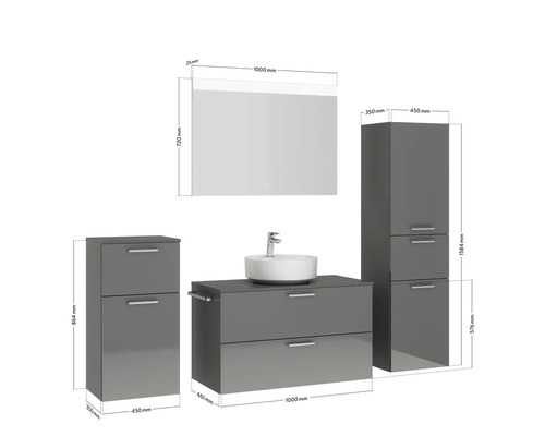 Badezimmer Set mit Waschtisch, Spiegel und Hochschränken mit Größenangaben