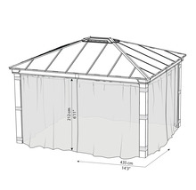 Pavillon mit einer Höhe von 212 Zentimetern und einer Breite von 435 Zentimetern.