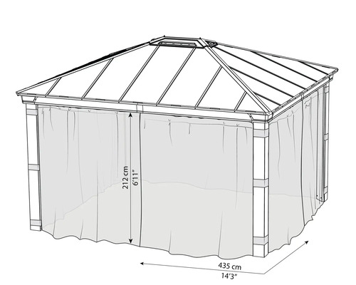 Pavillon mit einer Höhe von 212 Zentimetern und einer Breite von 435 Zentimetern.