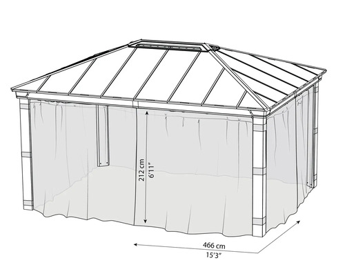 Illustration eines Pavillons mit einer Höhe von 212 cm und einer Länge von 466 cm.
