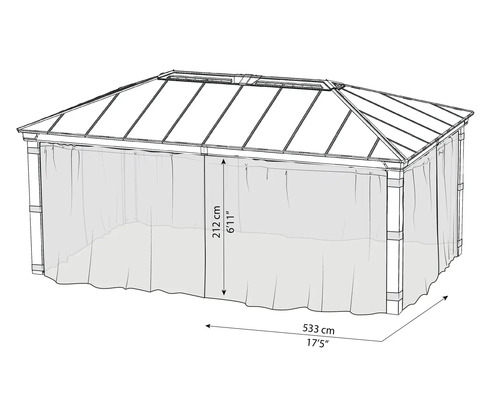 Skizze eines Pavillons mit einer Höhe von 212 cm und einer Breite von 533 cm