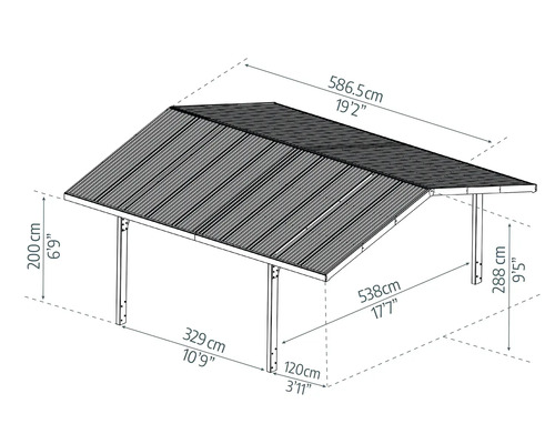 Technische Zeichnung einer Überdachung mit Maßangaben