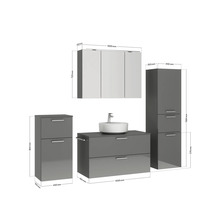 Badezimmermöbelset mit Waschtisch, Waschbecken, Spiegelschrank und Hochschrank mit Maßangaben