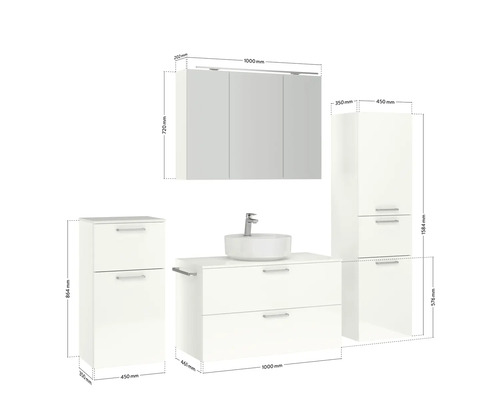 Badezimmerensemble mit Waschbeckenunterschrank, Waschtisch, Spiegelschrank und Hochschrank mit Maßangaben