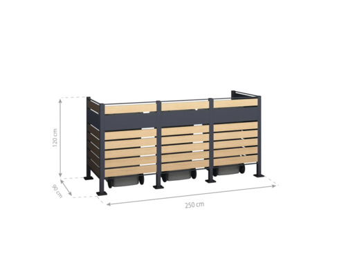 Dreifache Mülltonnenbox aus Metall und Holz mit den Maßen 120 x 250 x 90 cm