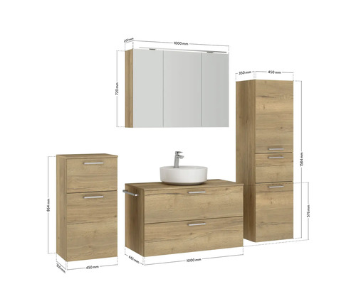 Komplette Badezimmereinrichtung mit Waschtisch, Spiegelschrank und Stauraumschränken.