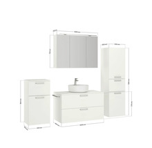 Abbildung der Maße eines Badezimmermöbel-Sets mit Waschtischunterschrank, Waschbecken, Spiegelschrank und Hochschrank.