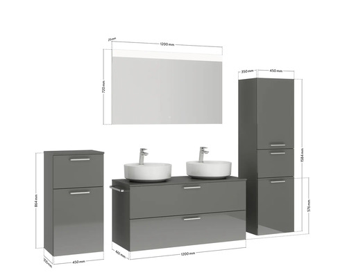 Badezimmermöbelset mit Waschtischunterschrank, zwei Waschbecken, Spiegelschrank und Hochschrank mit den jeweiligen Maßangaben