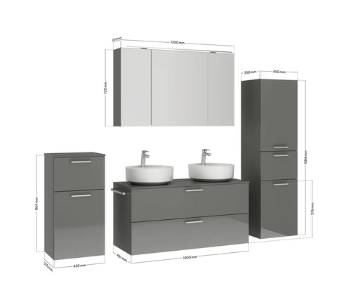 Badezimmermöbelset mit Waschtischunterschrank, zwei Aufsatzwaschbecken, Spiegelschrank, Hochschrank und Unterschrank mit Maßangaben