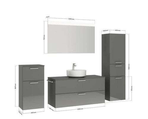 Badezimmer Set mit Waschtisch, Waschbecken, Spiegelschrank und zwei Seitenschränken mit Maßangaben