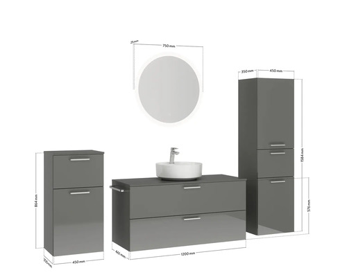 Badezimmer Set mit Waschtischunterschrank, Waschbecken, Spiegelschrank und Hochschrank mit Maßangaben
