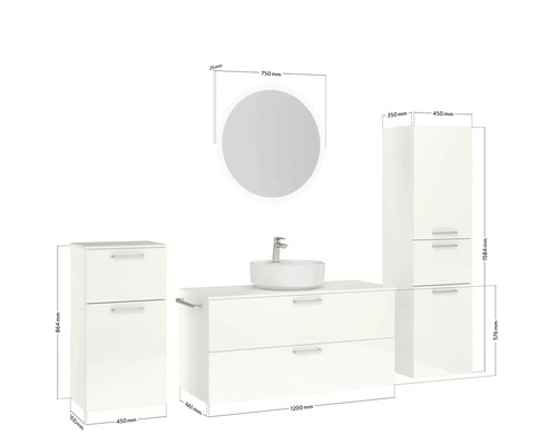 Badezimmer mit Waschbeckenunterschrank, zwei Hängeschränken und rundem Spiegel mit Maßangaben