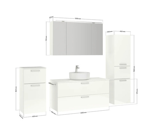 Badezimmermöbel-Set mit Waschtisch, Waschbecken, Spiegelschrank und Seitenschrank mit Maßangaben