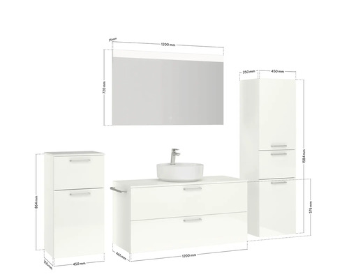 Badezimmer Waschtischkombination mit Spiegel, Waschtisch, Waschbecken und Schränken mit Maßangaben