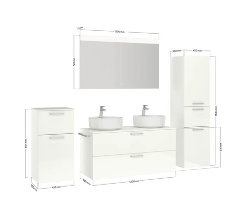 Badezimmer Set mit Waschtisch, zwei Waschbecken, Spiegelschrank und zwei Hochschränken mit Maßangaben