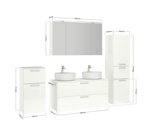 Waschtisch mit Unterschrank, Waschbecken, Spiegelschrank und Hochschrank mit Maßangaben