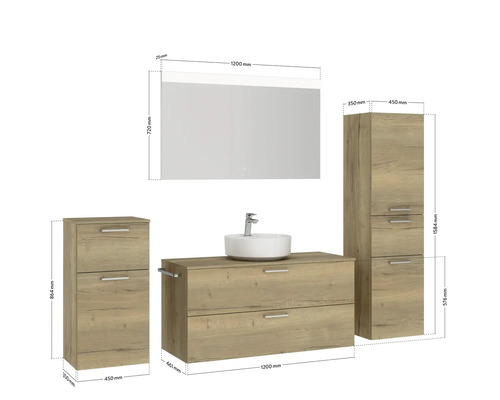 Waschtisch mit Spiegel, Unterschrank und Hochschrank mit Maßangaben