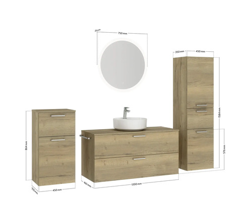 Badezimmer-Set mit Waschtischunterschrank, Waschbecken, Spiegelschrank und Seitenschrank mit Maßangaben