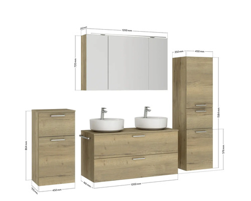 Badezimmermöbelset mit Waschbecken, Waschtisch, Spiegelschrank und Hochschrank mit Maßangaben