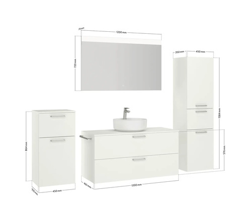 Badezimmermöbelset mit Waschtisch, Waschbecken, Spiegelschrank und Seitenschrank mit Maßangaben