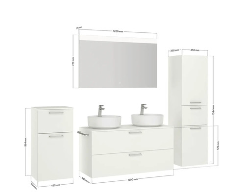 Badezimmerensemble mit Waschtisch, Aufsatzwaschbecken, Spiegelschrank und Hochschränken mit Maßangaben
