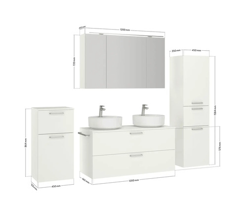 Waschtisch mit zwei Waschbecken, Spiegelschrank und zwei Seitenschränken mit Maßangaben