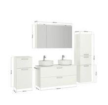 Badezimmermöbelset mit Waschtischunterschrank, Waschbecken, Spiegelschrank und Hochschrank mit Maßangaben